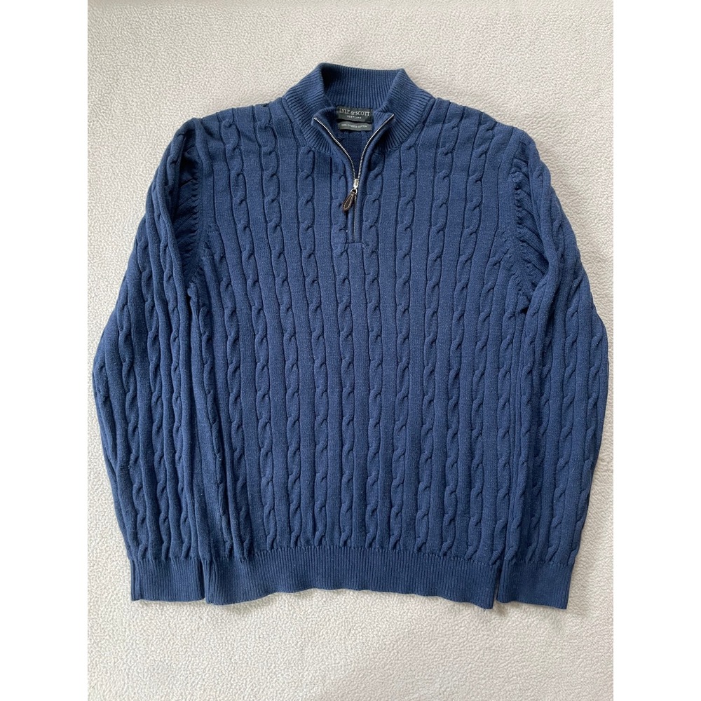 Lyle &‎ Scott Men Medium Sweater Blue Cable Knit Quarter Zip Combed Cotton